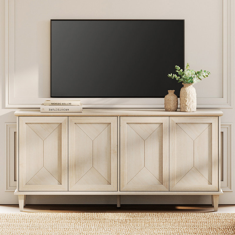 65" Modern Farmhouse TV Stand With Handcrafted Patchwork Doors For 55-75" Tvs, Entertainment Center Console With Cable Management, Adjustable Shelves Storage For Living Room, Light Oak