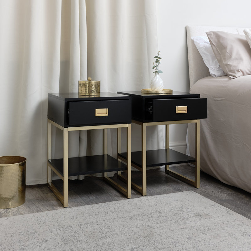 Bhrianne 40cm W Manufactured Wood Bedside Table, Black, Black/Gold
