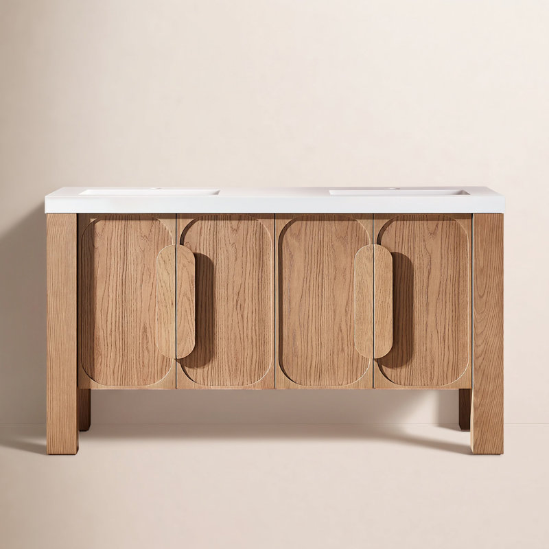Meuble-lavabo double 60 po Abella Munich, Teck naturel, Blanc