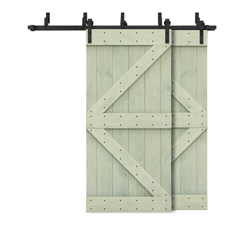 Porte de grange à panneaux et en bois avec quincaillerie d'installation, 44 po x 84 po, Vert sauge