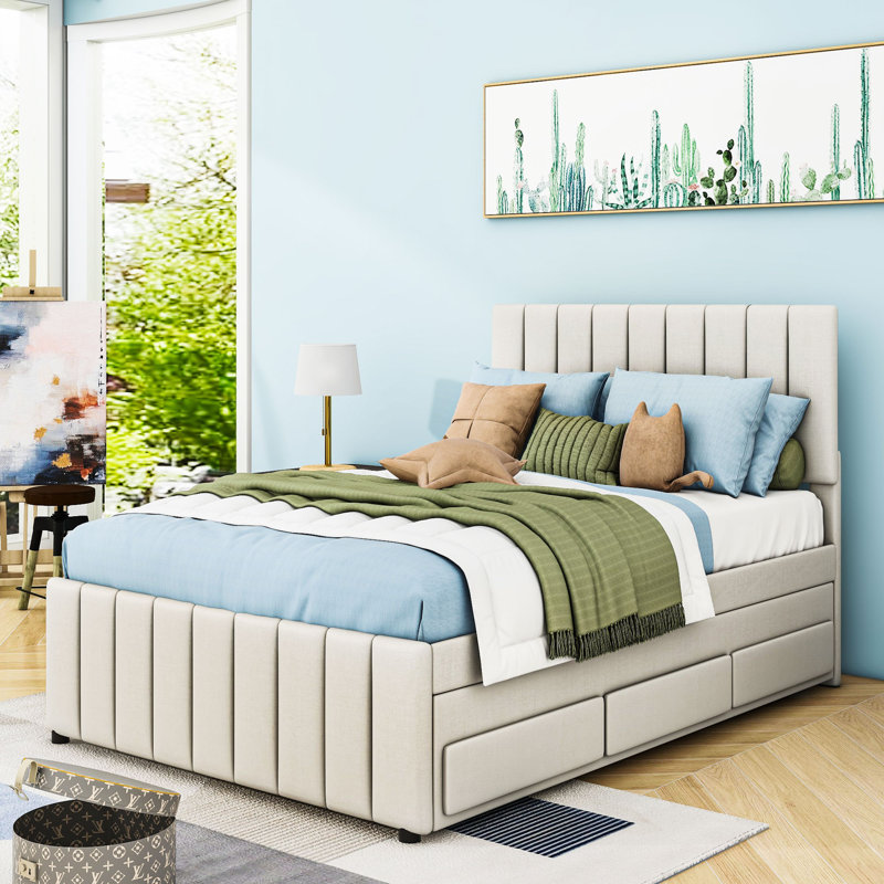 Lit plateforme tapissier à 3 tiroirs avec lit gigogne, Beige, Complète