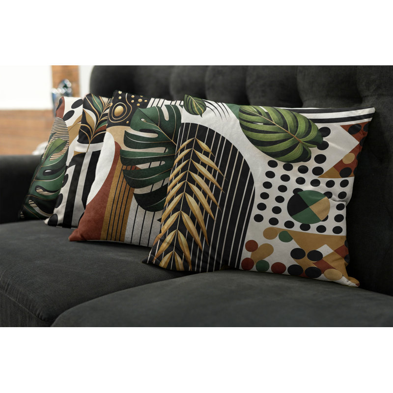 Mid-Century Modern Green and Rust Polyester Throw Pillow Set