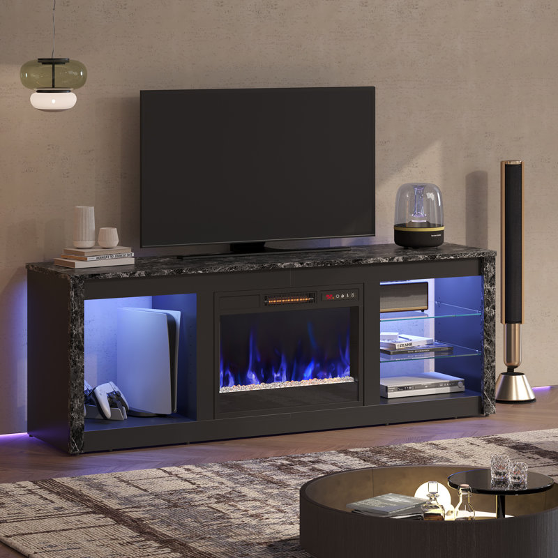 Meuble télé avec foyer électrique pour téléviseur de 70 po ou moins Benigno, Noir mat