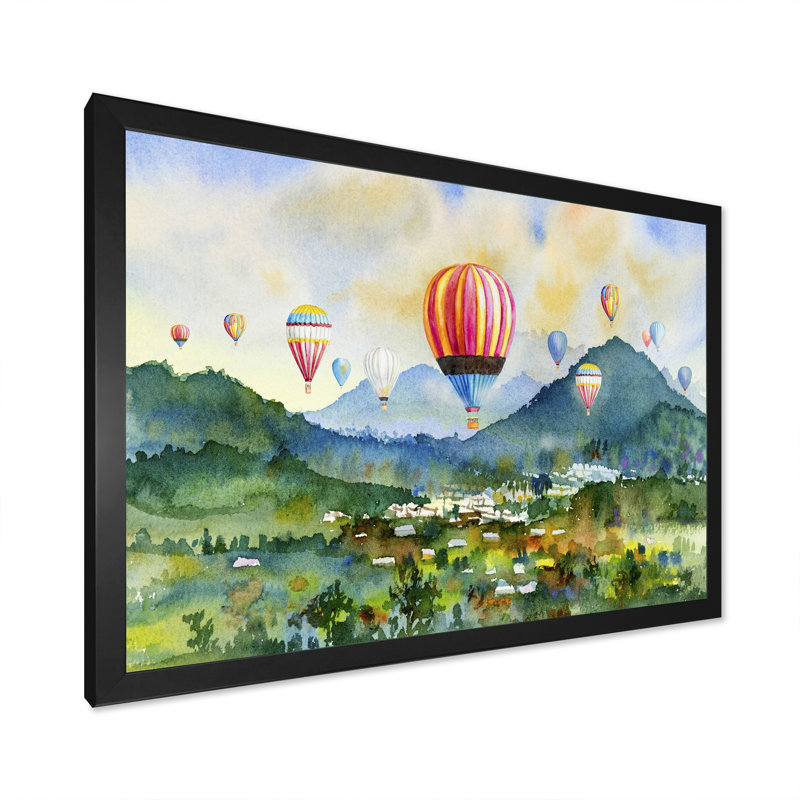 «Colorful Air Ballons Landscape II», reproduction sur toile flottante, Cadre noir, H 8 po x l 12 po x P 1 po