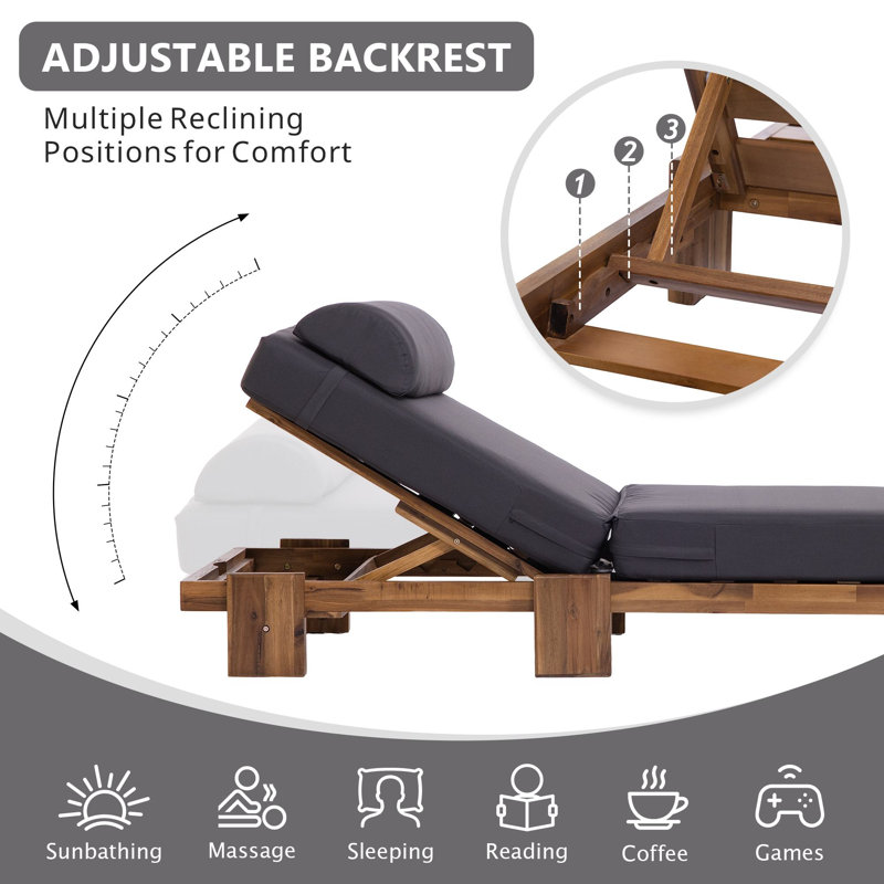 78.8'' Outdoor Acacia Wood Patio Chaise Lounge Chair, Dark Gray