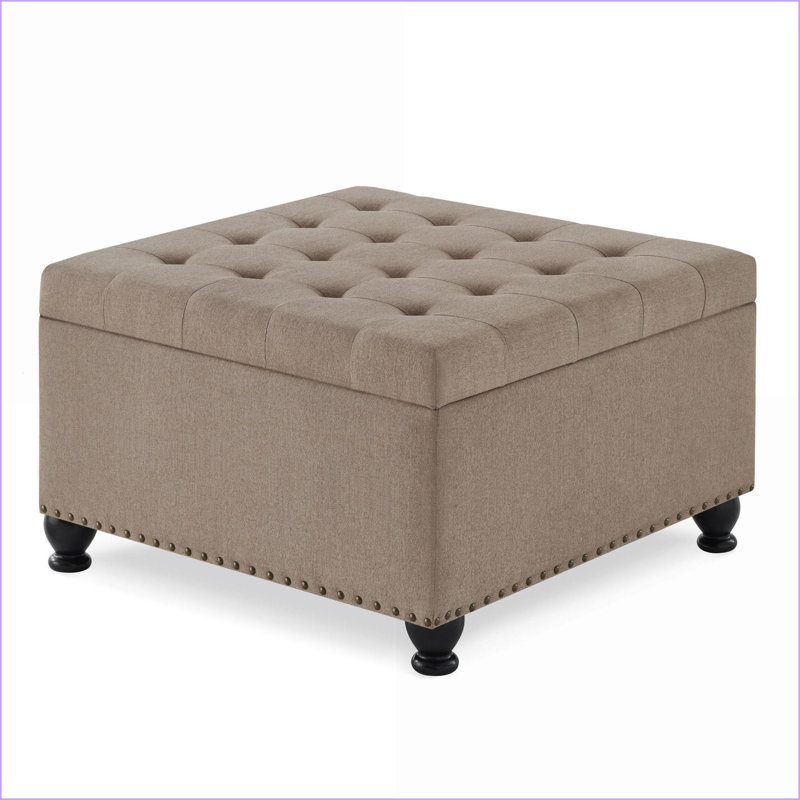 Ottoman: Large Square Storage Ottoman with Button Tufting, Solid Wood Legs | Linen | for Living Room, Bedroom, Office | Wood, Linen
