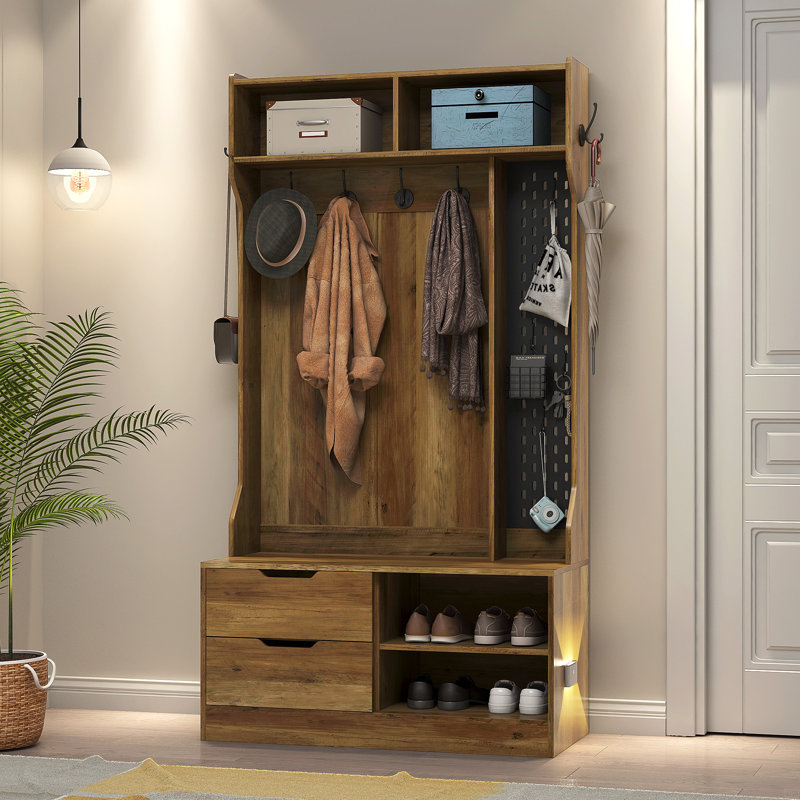 Hall Tree With 6 Hooks,Coat Hanger, Entryway Bench, Storage Bench, Brown