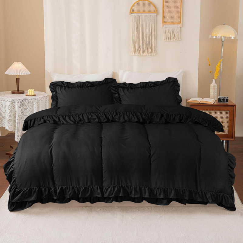 Jimi Microfiber Solid Colour Duvet Cover with Pillowcases, Kingsize, Black