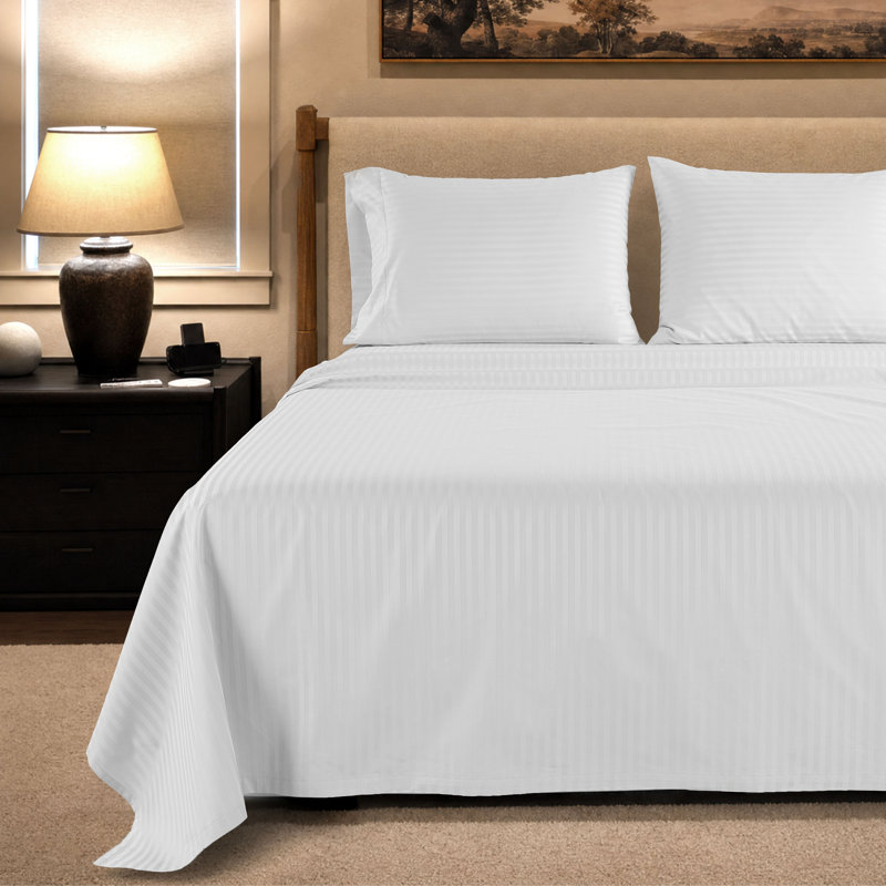 600 Thread Count 100% Cotton Sheet set in Sateen Weave, White, Full Sheet Set with 2 Pillowcases, Stripe