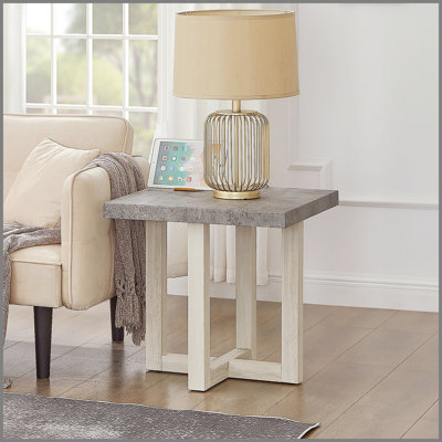 Table de bout contemporaine Luno, faux béton et blanc