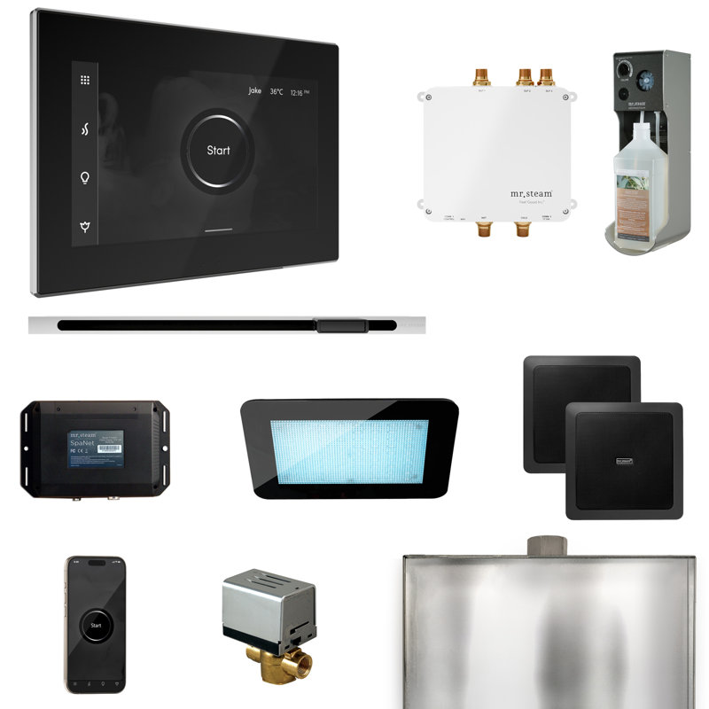 Bliss Steam Shower Control Package with iSteamX Control and Linear Steamhead, Black/Polished Chrome