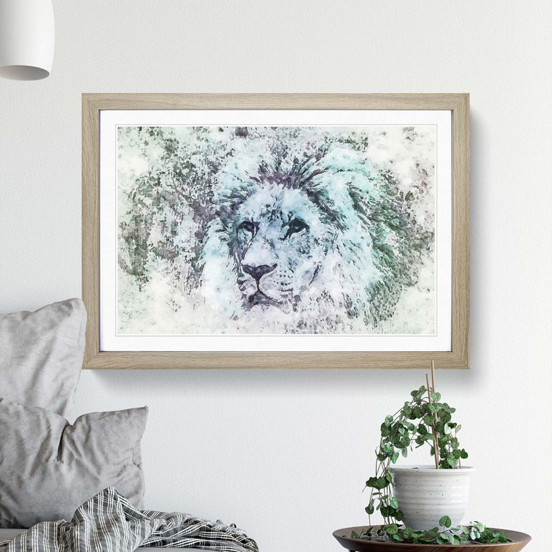 A Lion Portrait in Abstract - Picture Frame Painting Print on MDF, Oak Framed, 48cm H x 65cm W x 2cm D