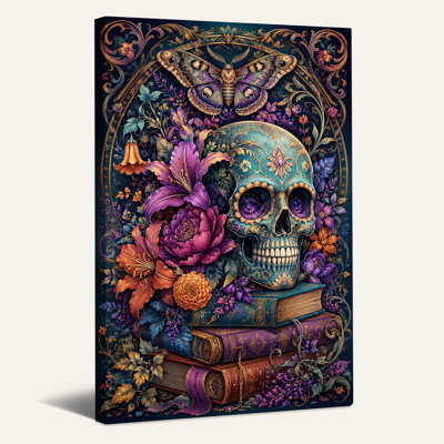 Ornement de crâne bleu sarcelle avec fleurs mauves et toile d'Halloween dorée