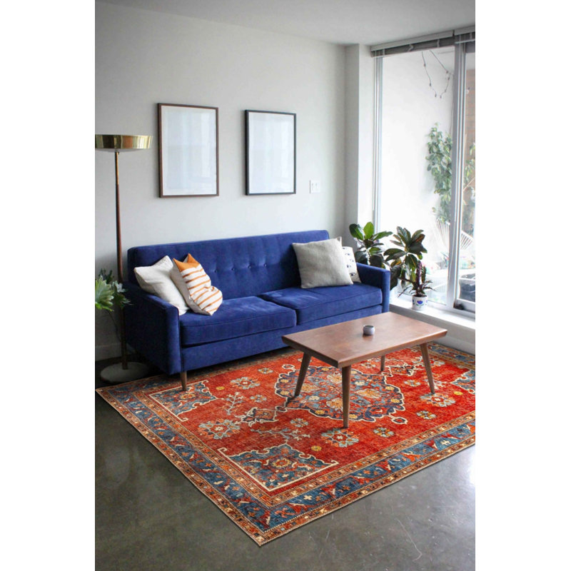 Tapis décoratif rouge en polyester oriental doux au toucher tissé à la machine, Rectangle 5 pi 3 po x 7 pi 7 po