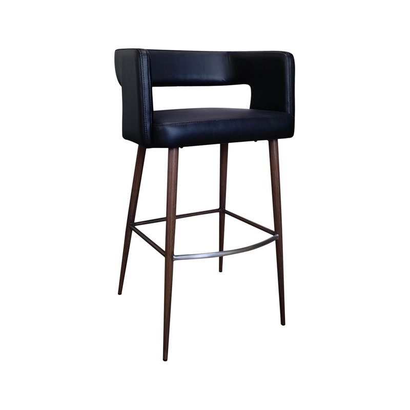 Wood Grain Open-Back Metal Framed Barstool with Black Vinyl Seat and Back
