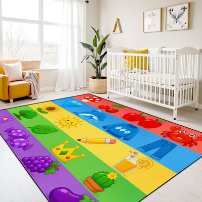 9 x 12 enfants apprenant tapis tapis lavables pour la salle de classe, arc-en-ciel coloré Icônes ludiques fruits animaux objets retour à l'école tapis d'apprentissage pour la maternelle préscolaire