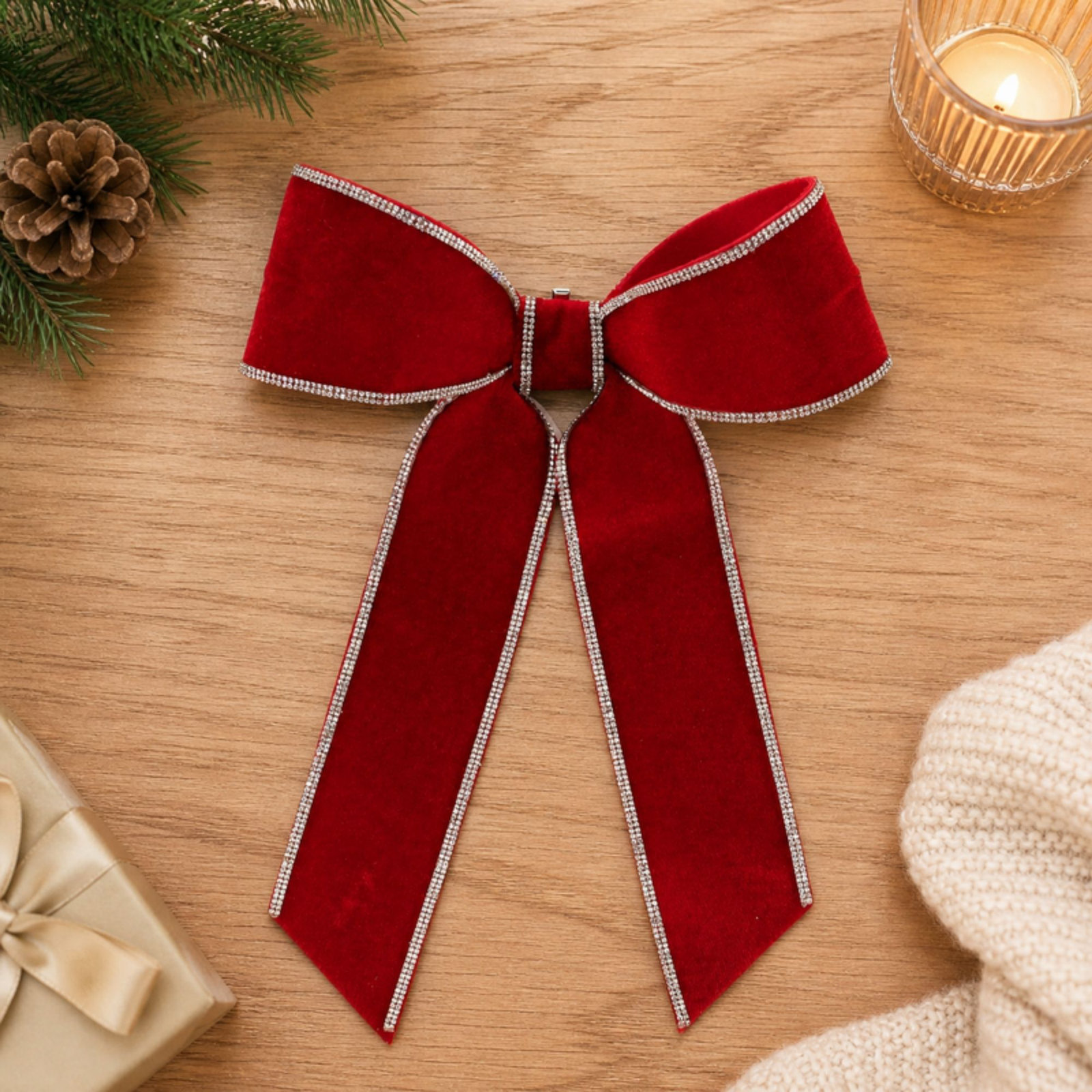 Navy Blue Holiday Bow, 3'' H x 14'' W x 9'' D, Red;Silver