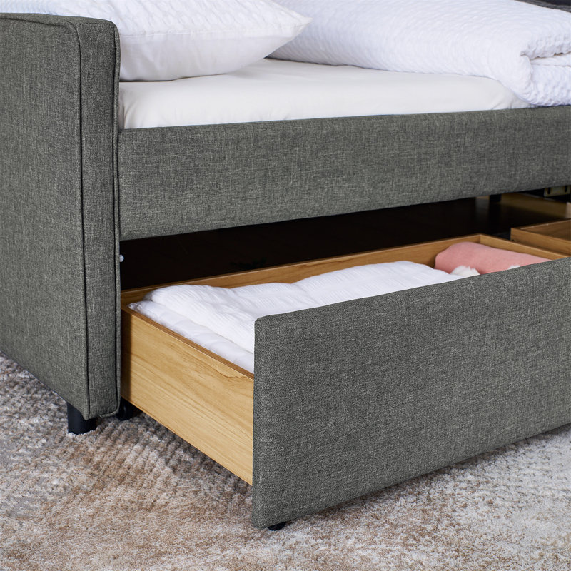Versatile Linen Padded Sofa Bed with Multiple Storage Options and Wireless Charging, Grey
