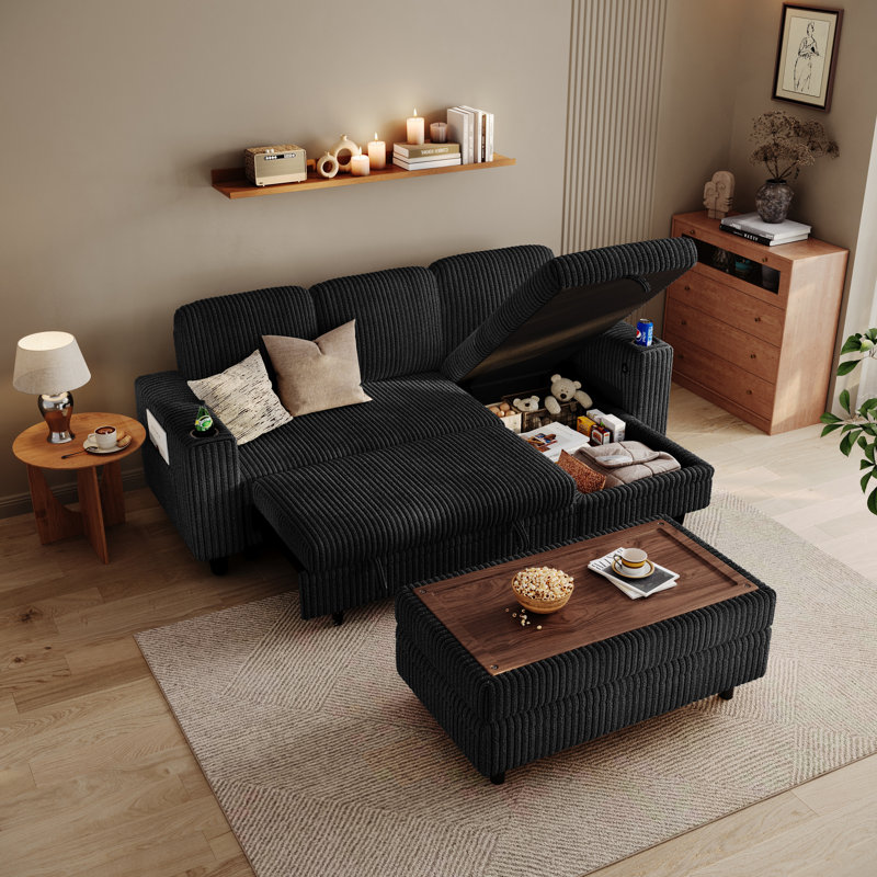 Sherry L Shaped Corduroy Sleeper Sectional With Storage Chaise , Ottoman And USB Charging, Effie Black Corduroy