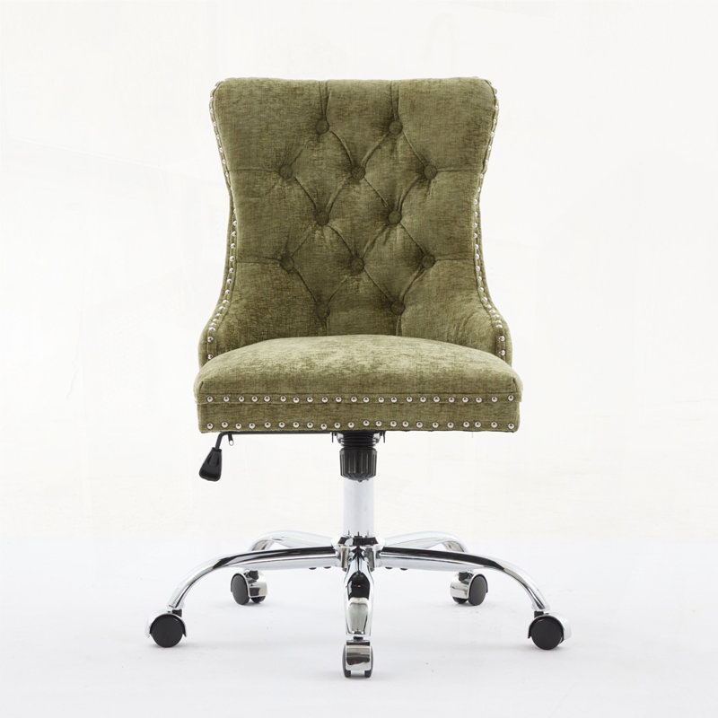Fauteuil de bureau chenille capitonné à boutons avec base en métal chromé, chaise de bureau pivotante réglable, Vert, Silver