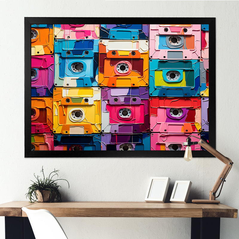 Pop Art Cassette Tapes Melodic Flow - Cassette Tapes Wall Art, Cadre d'angle fermé noir, H 34 po x l 44 po x P 1,5 po