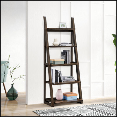 5-Tier Ladder Bookshelf With Rubber Wood Frame, Ideal For Stylish And Efficient Storage In Any Room