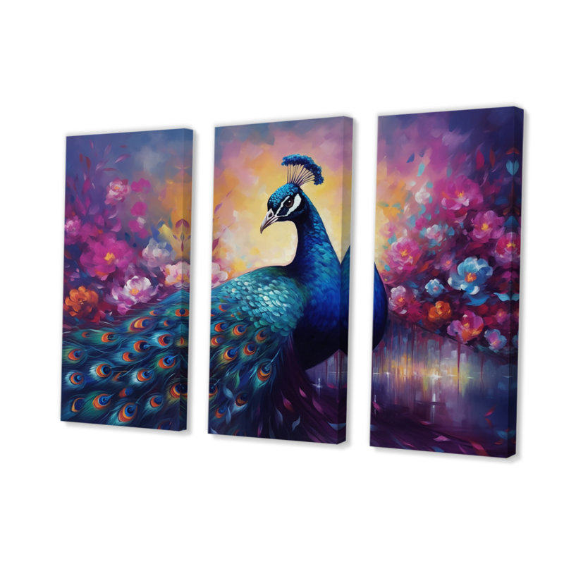 «Vibrant Peacock II» sur toile, reproduction de 3 pièces, H 32 po x l 48 po x P 1 po