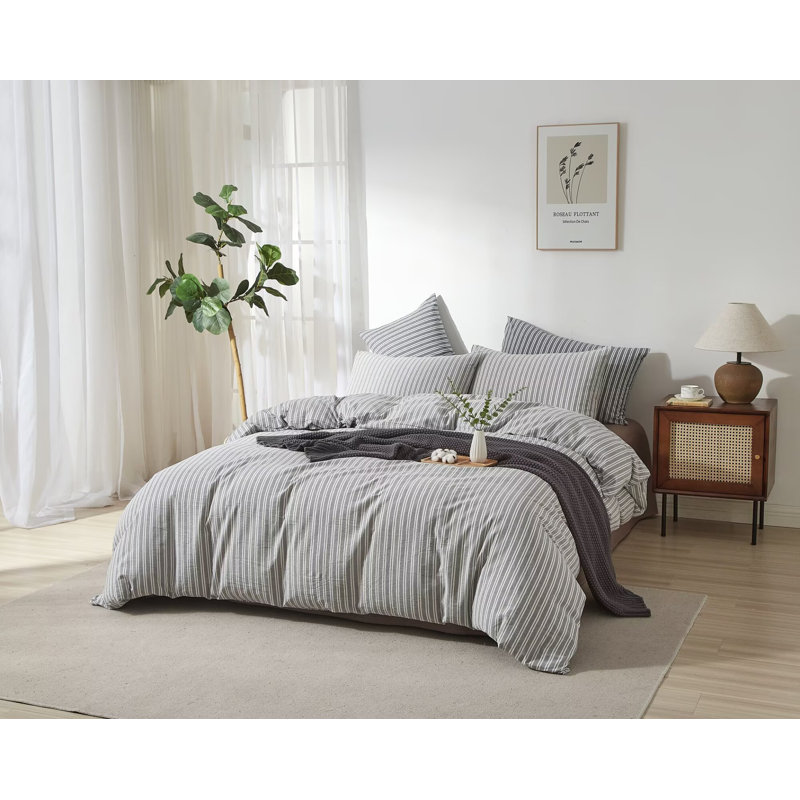 XINMIANFANG Striped Duvet Cover Set 100% Washed Cotton Linen Texture Bedding Set 3 Pcs Comforter Cover with Zipper