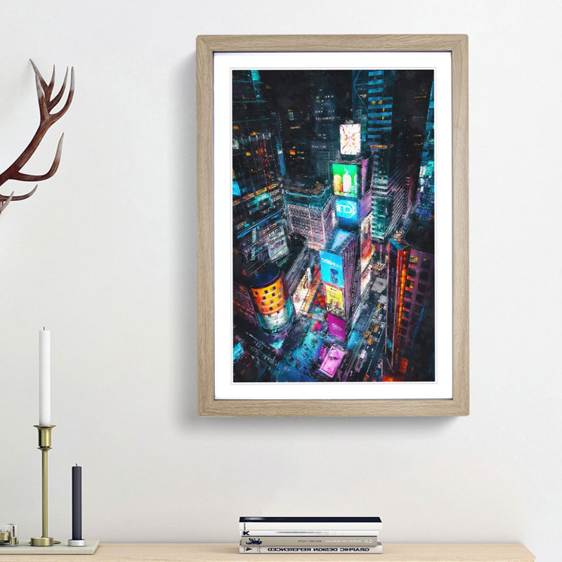 Times Square in New York City - Picture Frame Painting Print, Oak Framed, 87cm H x 62cm W x 2cm D