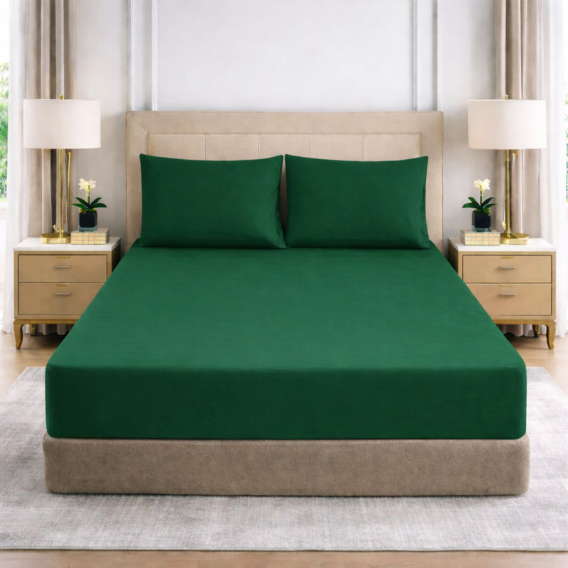 25cm Deep Pocket Fitted Sheet - Soft Microfiber Elasticated Bed Sheet Bottom, Double (4'6), Emerald