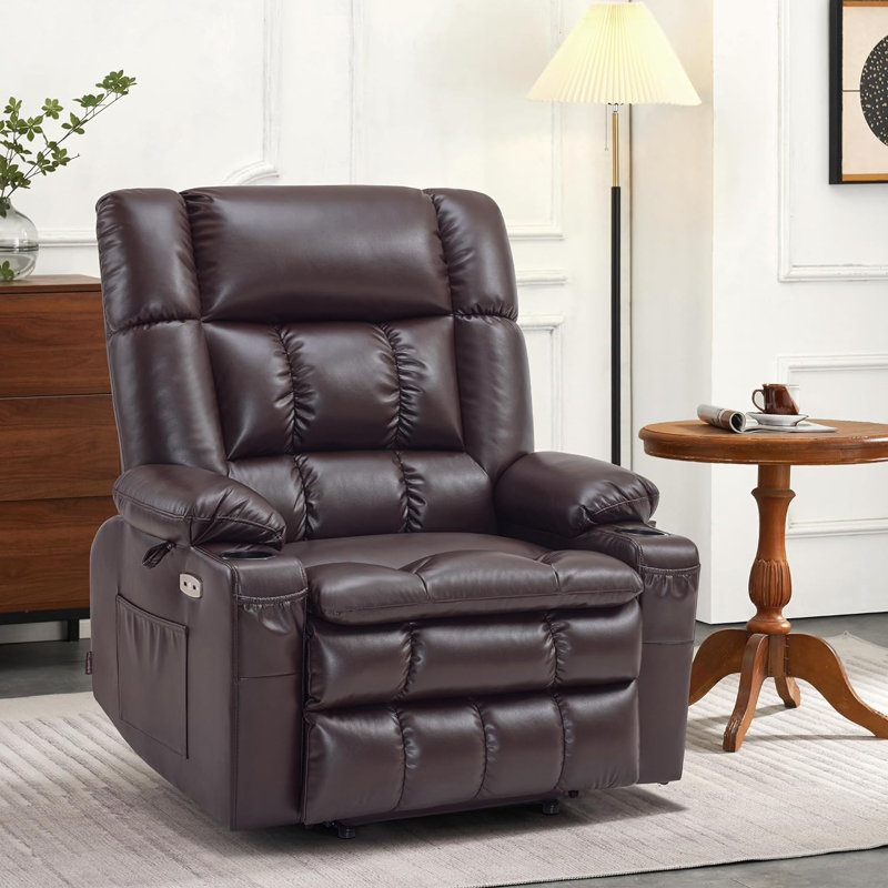 26.4'' W Oversized Dual Motor Power Lift Recliner Infinite Position With Heat And Massage, Faux Leather, Brown