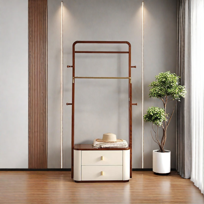Double - Bar Coat Rack 4 Hooks Dual Storage Boxes, Walnut