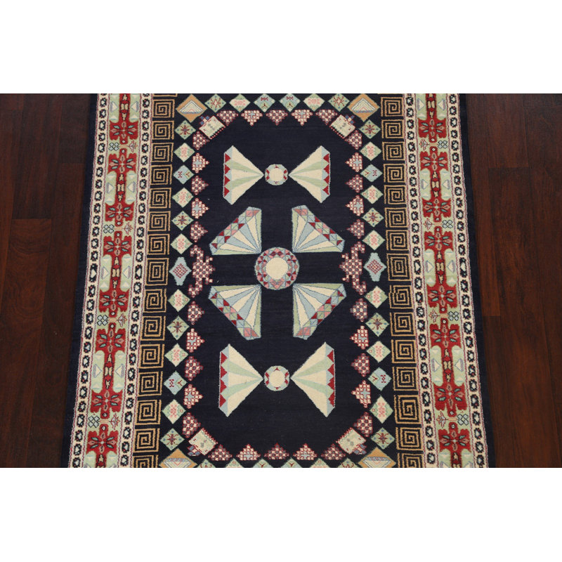 Tapis bleu marine noué à la main de conception unique 4 pi 0 po x 6 pi 1 po