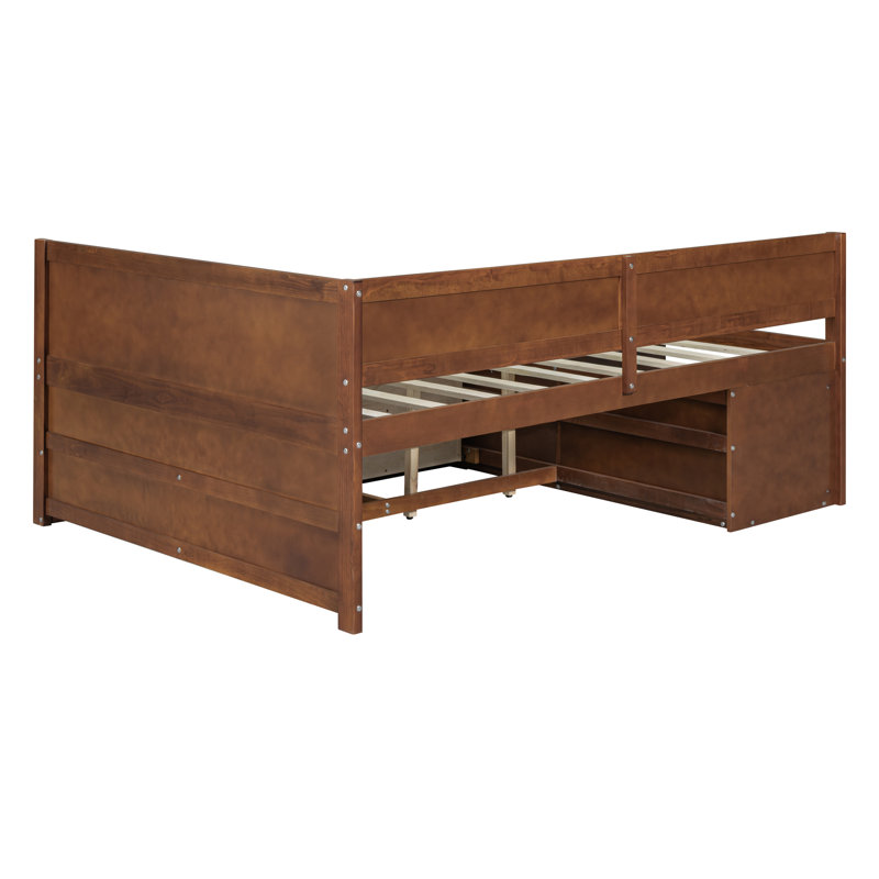 Lit de jour double compact avec tiroirs de rangement, bois massif, finition noyer moderne