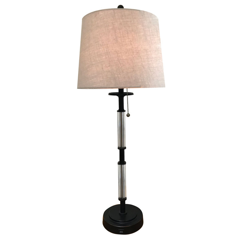 Royal Designs, Inc. Ensemble de 2 lampes de table colonne en cristal port USB 29,5 ", finition bronze huilé, abat-jour en lin beige