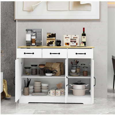 Farmhouse Buffet Cabinet Storage Sideboard with 3 Drawers and 3 Doors for Dining Living Room Kitchen Cupboard-White