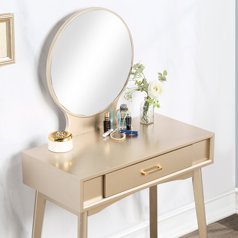 Meuble-lavabo en bois doré avec siège - Design élégant pour le salon avec tabouret et miroir