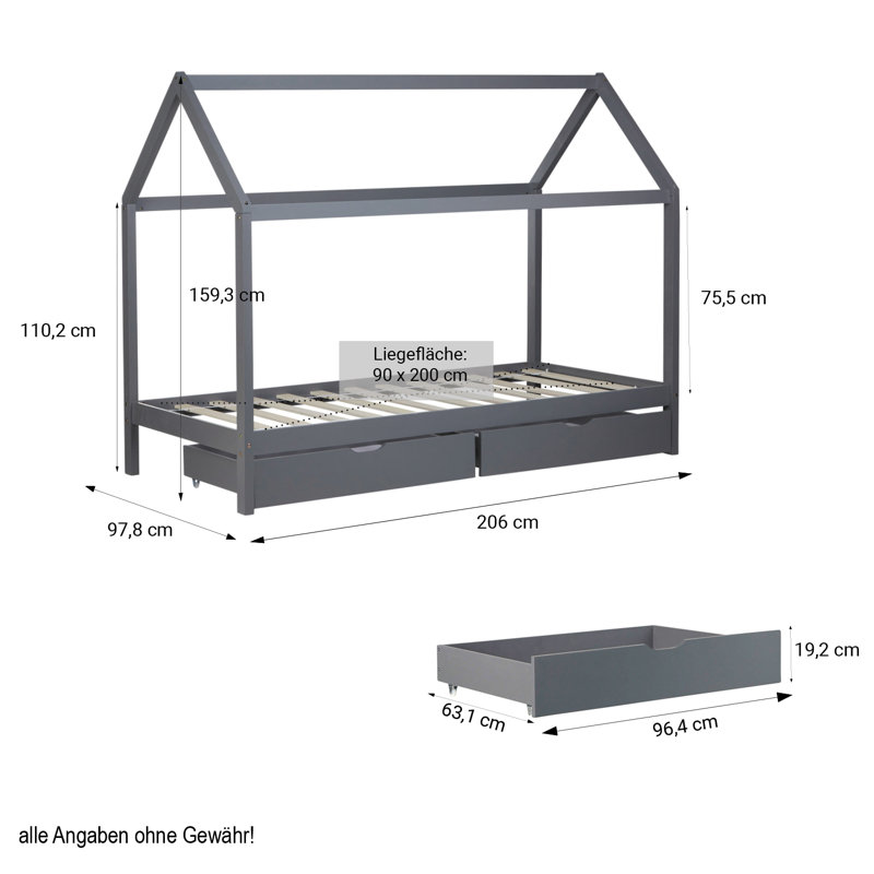 Raleigh 2 Drawer Solid Wood House Beds, Grey
