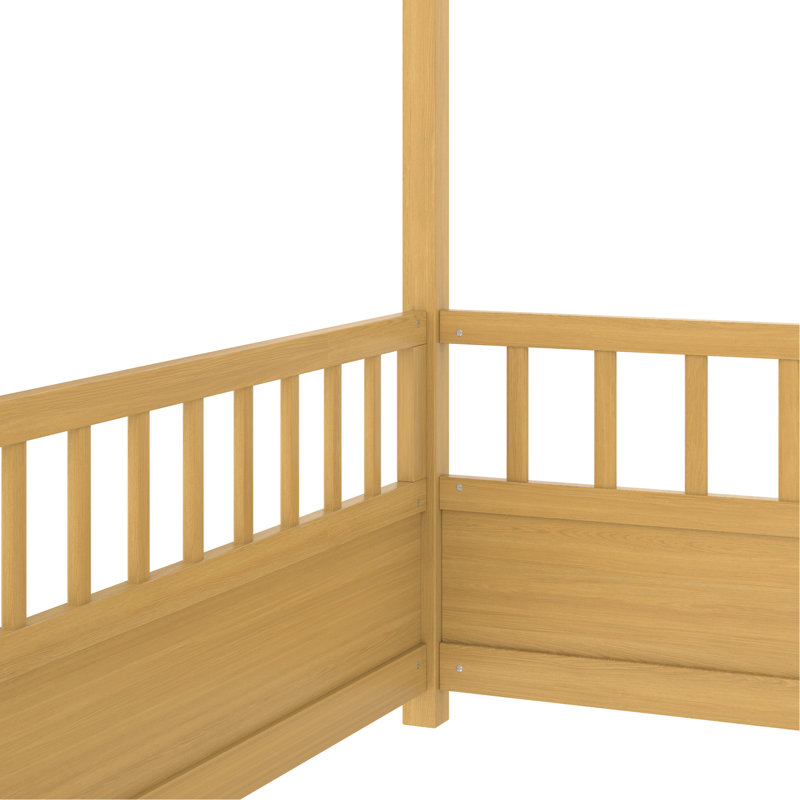Lit simple en bois, clôture haute, structure de maison, pin naturel, structure stable, lit d'entrée spacieux avec clôture et contreplaqué de pin de bois, amusant pour