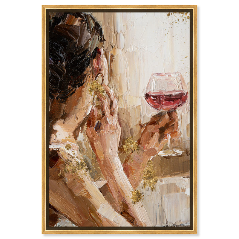«Pondering Gilded», peinture sur toile, Noir, H 24 po x l 16 po, Toile avec cadre or