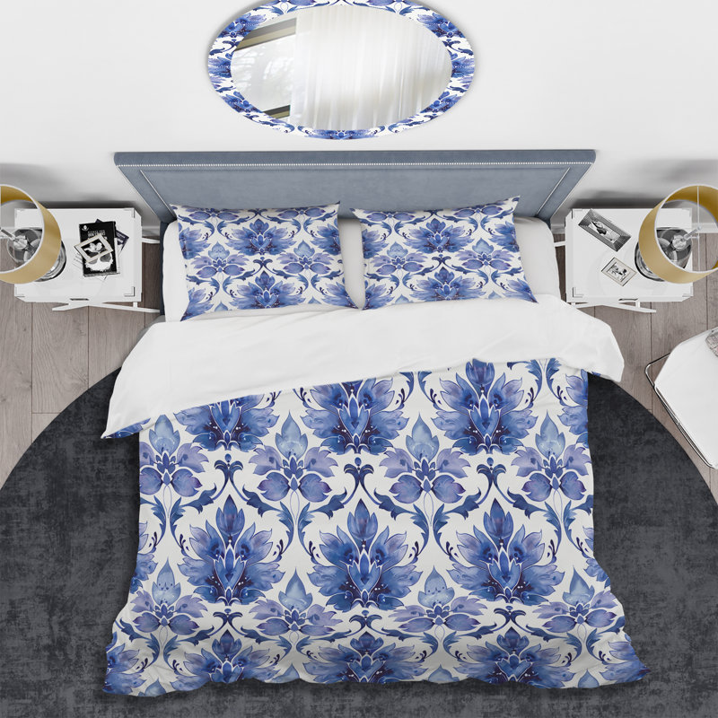 Ensemble de housse de couette bleu et blanc à imprimé damassé - Glam, Housse de couette très grand + 2 taies décorativ