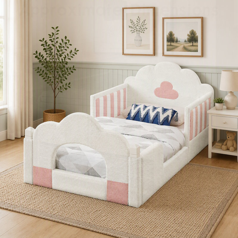 Lit Cloud avec barrière de sécurité, structure en bois massif pour le confort et la sécurité dans votre chambre à coucher