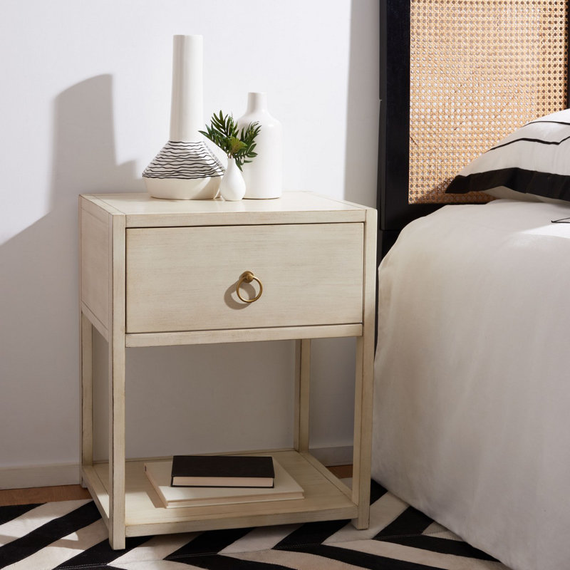 Elegant Yudi 21'' W Acacia Nightstand – Modern Wood Bedside with Gold Pull Drawer and Storage Shelf, Antique White