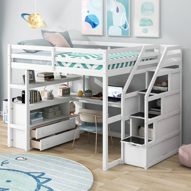 Lit mezzanine multifonctionnel avec bureau intégré, tablettes, tiroirs de rangement et escalier pour un espace de vie et de travail amélioré