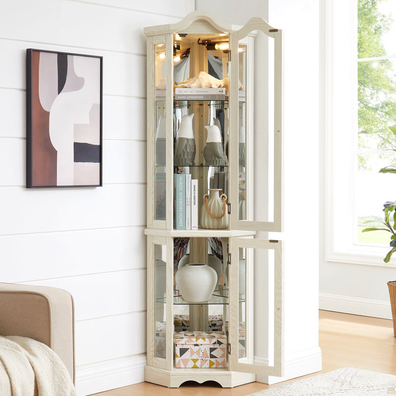 Curio Cabinet Lighted Glass Display Curio Cabinet W/Tempered Glass Doors And Shelves, Crown Corner Cabinet With Bulb, Corner Storage Decoration