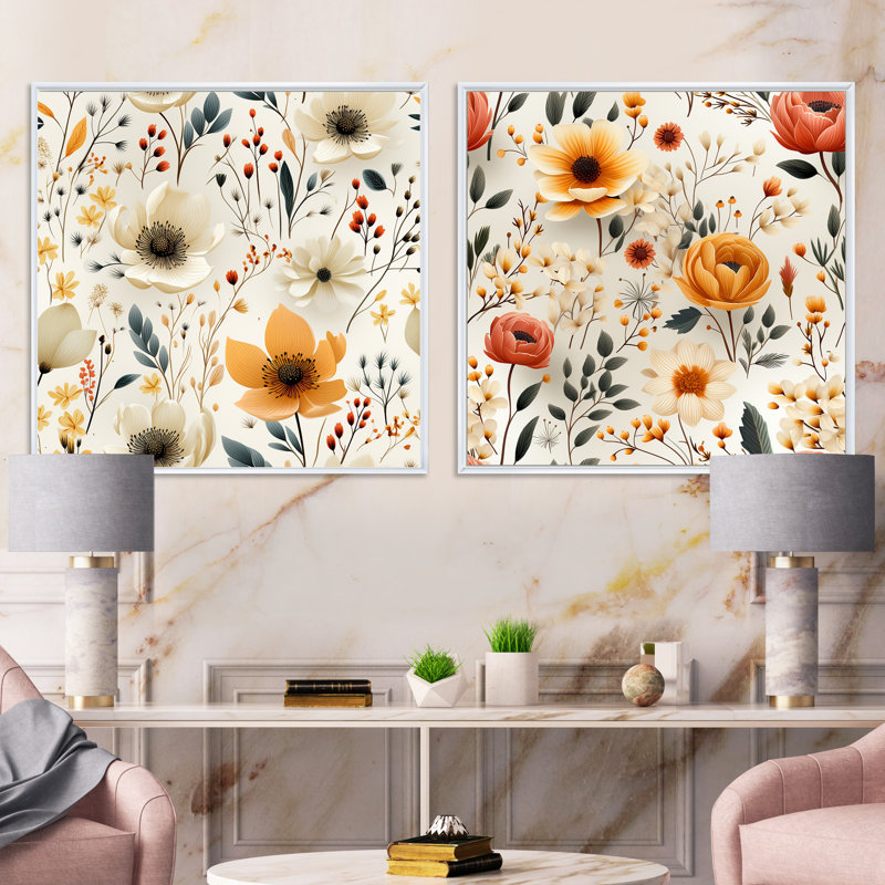 Cecilia - Ensemble de 2 collages carrés botaniques abstraits, Cadre flottant blanc, H 36 po x l 73 po