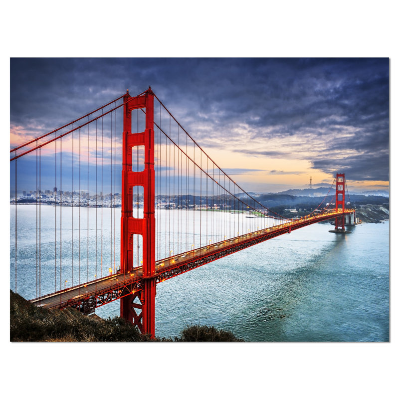 « golden barrière under cloudy sky sea bridge », reproduction de photo sur toile tendue, H 20 po x l 40 po x P 1po