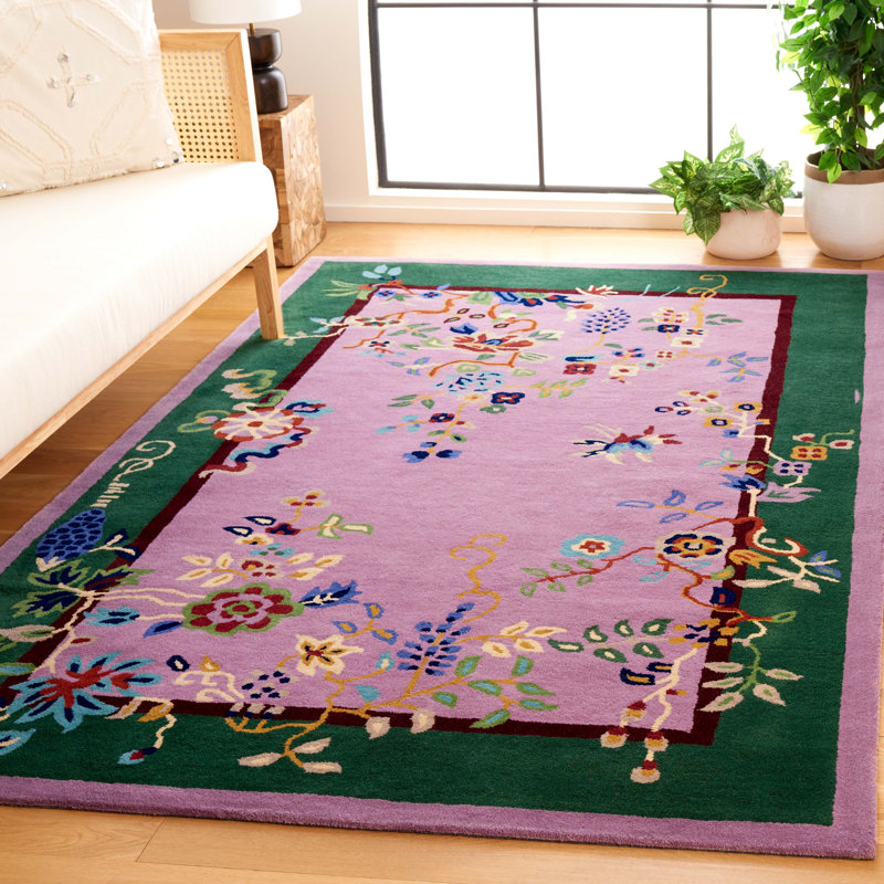 Tapis floral en laine / coton touffeté à la main Phaong - mauve / vert, Rectangle 6 po x 9 po