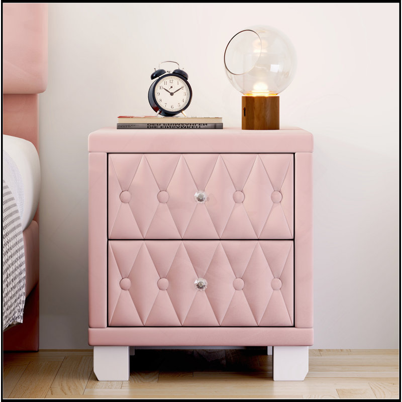 Elegant Velvet Nightstand With 2 Drawers And Crystal Handle, Storage Bedside Table With Button-Tufted, Pink