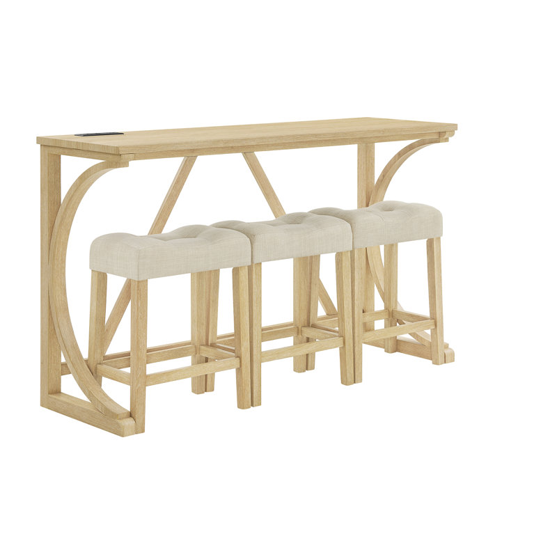 59" Multi-Purpose Bar Table Set with 3 Stools and Built-in Power Outlet, Solid Wood Sofa Table for Kitchen, Living Room, Dining Area